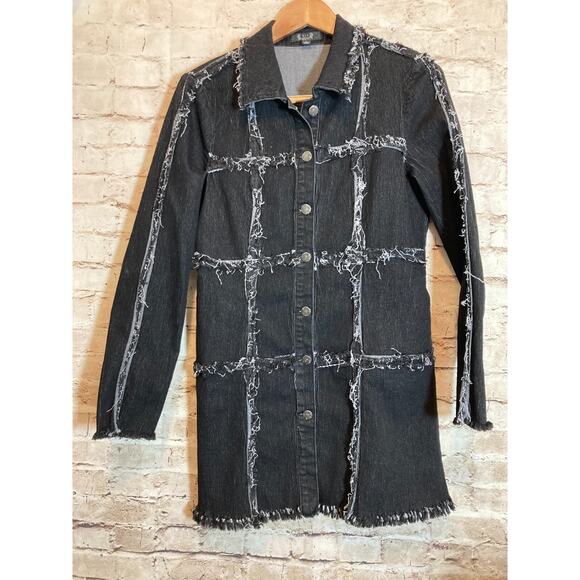 A.Z.I. NY Jacket Womens Small Denim Jean Black Patchwork Fringed Distressing - Picture 1 of 12